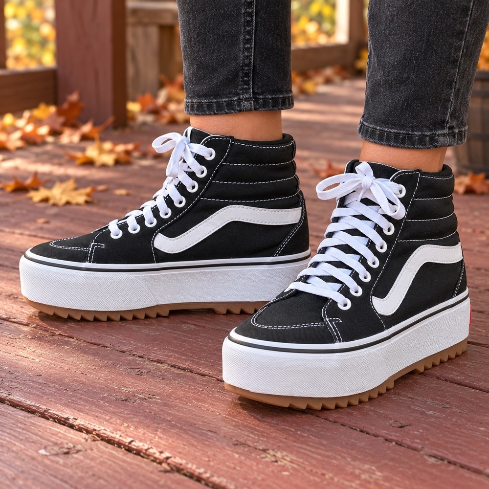 Vans Sk8-Hi Stacked Black White Canvas Platform High Top Sneakers Women Size 8.5